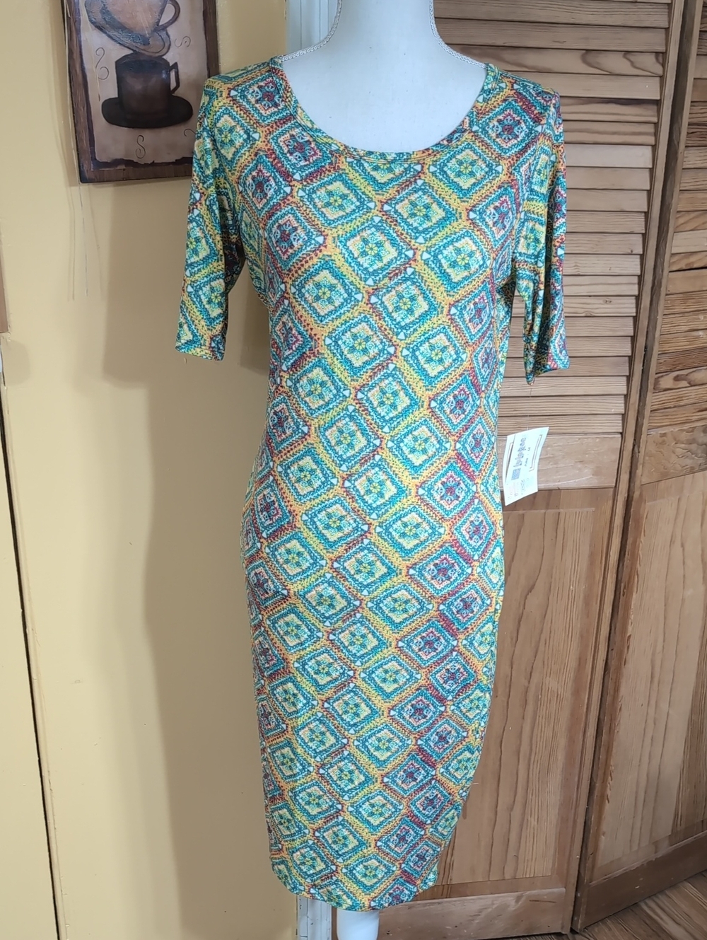 LULAROE Julia Floral Green Yellow Geometric Diamond Print Dress M 8-10 NWT